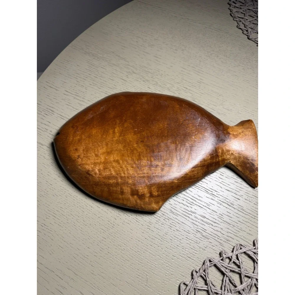 Vintage Hand Carved Acacia Wood Fish Serving Set Platter and Bowls 3 Piece Brown